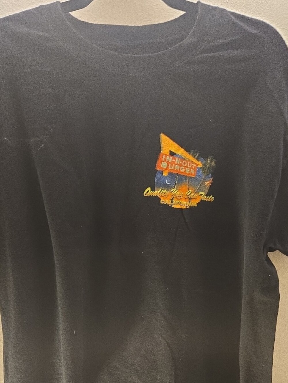 In N Out Burger Tee.Hanes Black Short Sleeve Tee with Orange & Yellow Chest Logo - Picture 5 of 5